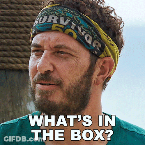 Bearded Man With Survivor Headband Says What's In The Box GIF