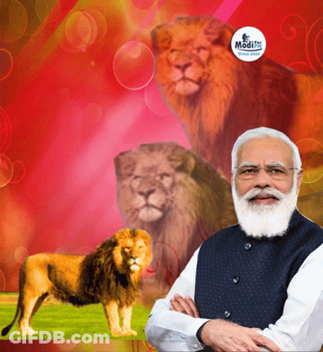 Bearded Man With Two Lions And Modi Sticker GIF