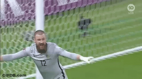 Bearded Soccer Goalie Jumping In Front Of Net GIF