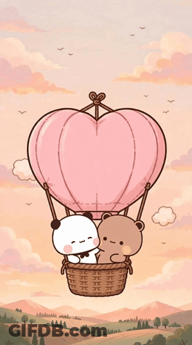 Bears Flying In Heart Hot Air Balloon GIF