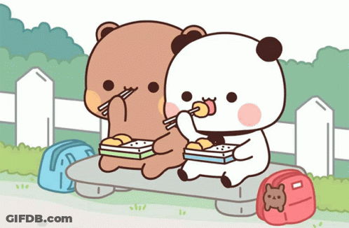 Bears Sitting On Bench Eating GIF