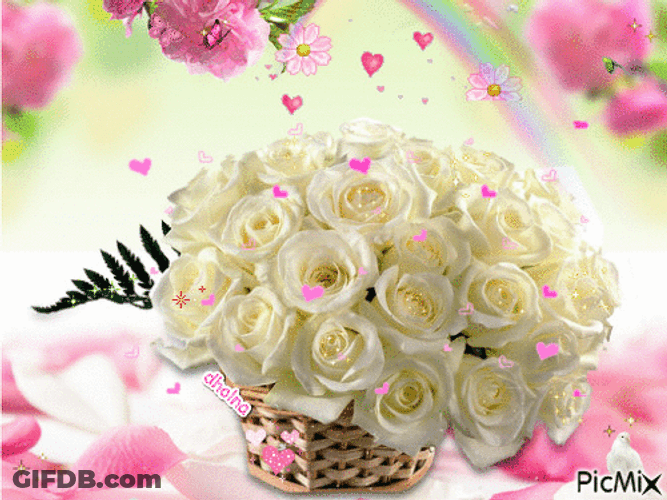 Beautiful Flowers White Roses Basket Hearts GIF