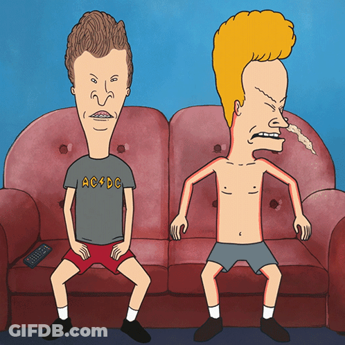 Beavis And Butthead Sitting On Couch With AC DC Shirt GIF