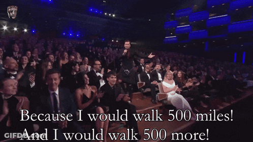 Because I Would Walk 500 Miles And I Would Walk 500 More Written In Front Of A Crowd GIF