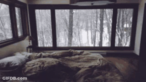 Bedroom With Bed And Snowy Forest View GIF
