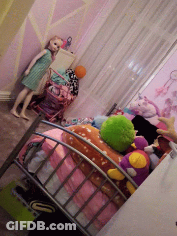 Bedroom With Bed And Stuffed Animals And Barbie Doll GIF