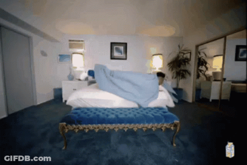 Bedroom With Blue Bench And Sprite Bottle GIF