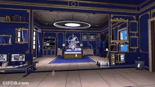 Bedroom With Blue Walls And Gold Trim Circular Light GIF
