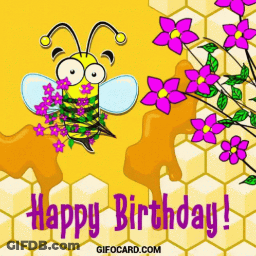 Bee Holding Flowers Happy Birthday Card GIF