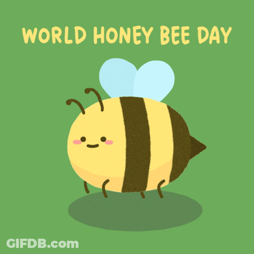 Bee On Green Background Saying World Honey Bee Day GIF