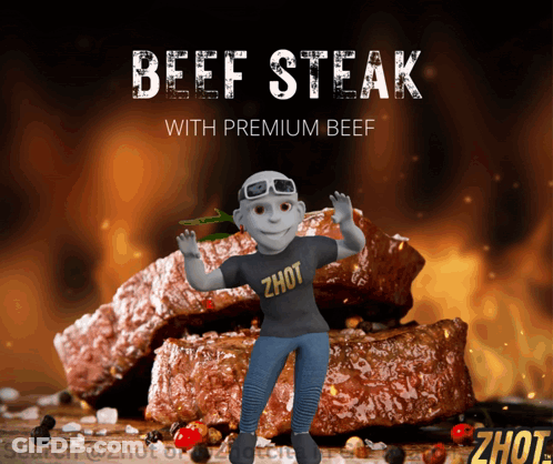 Beef Steak Advertised With Cartoon Character GIF