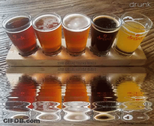 Beer Glasses On Wooden Tray With Drug Users Bible GIF