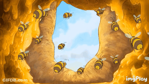 Bees Flying Around Honeycomb Hole GIF