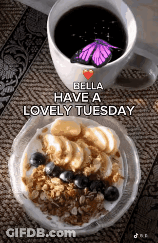 Bella With Coffee And Bowl Of Food GIF