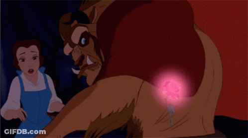Belle And The Beast From Beauty And The Beast Are Looking At A Pink Heart GIF