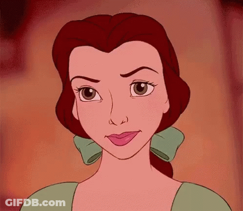 Belle From Beauty And The Beast Is Wearing A Green Dress And Earrings And Has A Bow In Her Hair . GIF