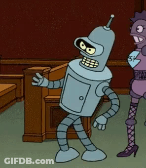 Bender From Futurama Is Dancing In A Courtroom Next To A Woman GIF
