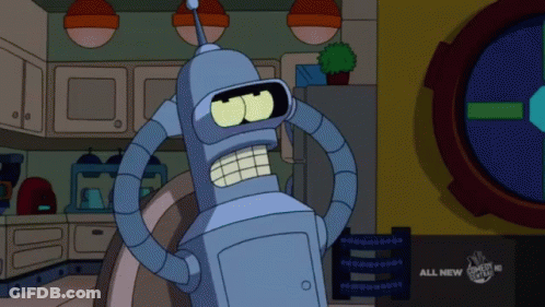 Bender From Futurama Is Shown In A Kitchen With A Sign That Says All New GIF
