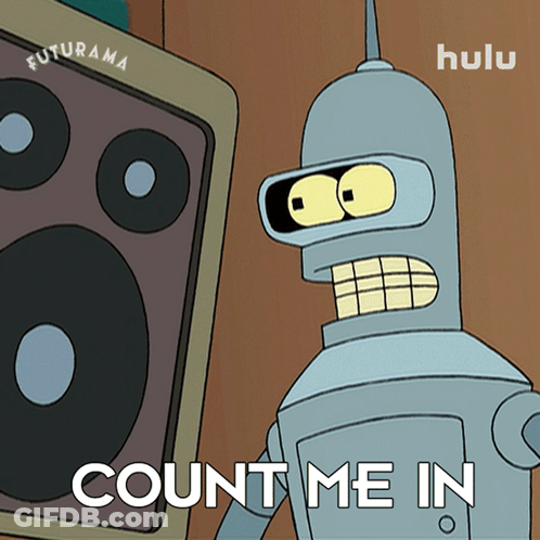 Bender From Futurama Is Standing In Front Of A Speaker That Says Count Me In GIF