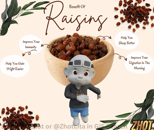 Benefit Of Raisins Cartoon Character Next To Bowl GIF