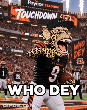 Bengals Mascot Holding Football With Touchdown Sign GIF