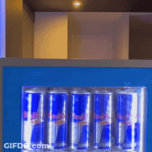 BenJammins Behind Fridge Containing Red Bull GIF