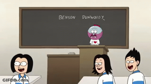 Benson And Dumwoody Sitting In Front Of Chalkboard GIF