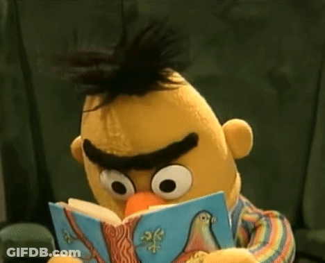 Bert From Sesame Street Is Reading A Book With A Bird On It . GIF