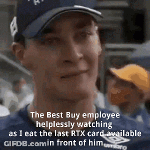 Best Buy Employee Helplessly Watching Me Eat Last RTX Card Umbro Shirt GIF