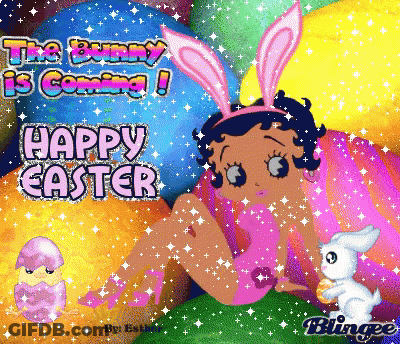 Betty Boop Easter Card With Bunny Ears And Eggs GIF