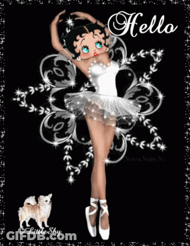 Betty Boop Is Dancing In A Tutu And Pointe Shoes While A Small Dog Looks On GIF