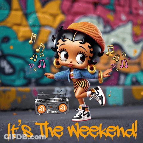 Betty Boop Is Dancing With A Boombox And The Words " It 'S The Weekend " Below Her GIF