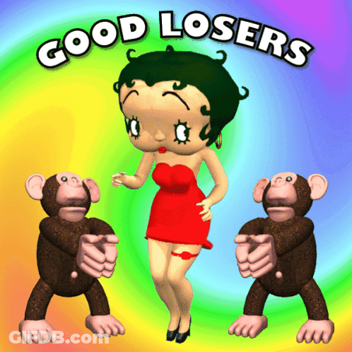 Betty Boop Is Dancing With Two Monkeys And The Words Good Losers Are Above Her GIF