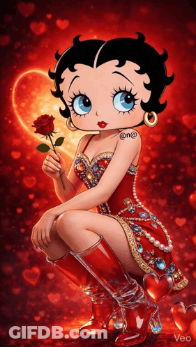 Betty Boop Is Holding A Red Rose In Her Hand GIF