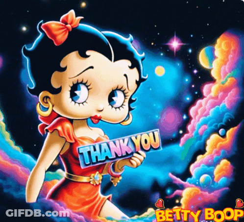Betty Boop Is Holding A Thank You Sign In Her Hand GIF