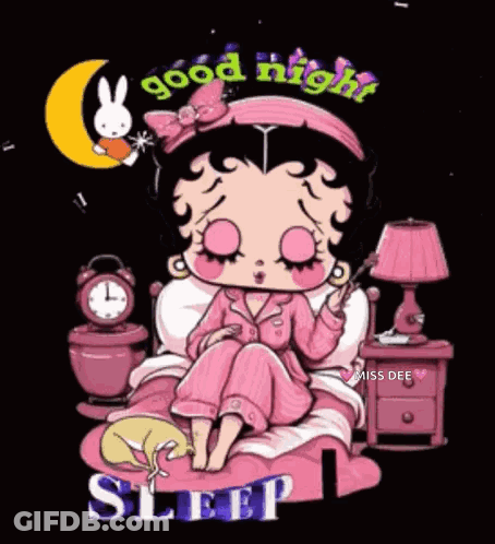 Betty Boop Is Sitting On A Bed With A Cat And A Clock And Says `` Good Night Sleep '' . GIF