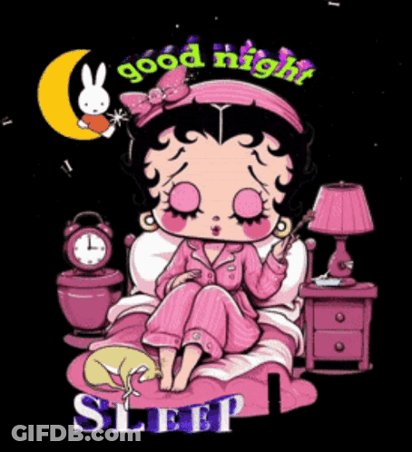 Betty Boop Is Sitting On A Bed With Her Eyes Closed And The Words Good Night Sleep Below Her GIF