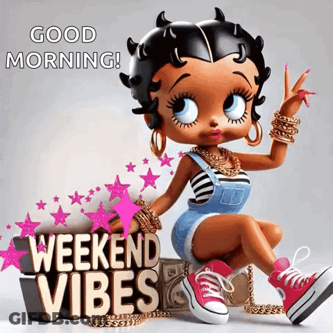 Betty Boop Is Sitting On A Box With The Words `` Good Morning ! Weekend Vibes '' . GIF