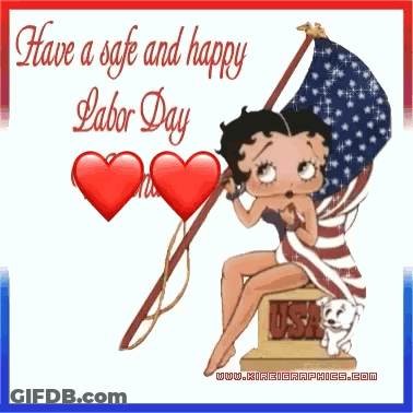 Betty Boop Is Sitting On A Statue Holding An American Flag And Hearts On Labor Day GIF
