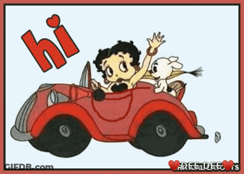 Betty Boop Is Waving While Driving A Red Car GIF