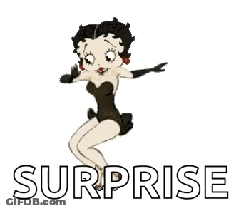 Betty Boop Is Wearing A Black Swimsuit And Gloves And Is Standing In Front Of A Surprise Sign . GIF