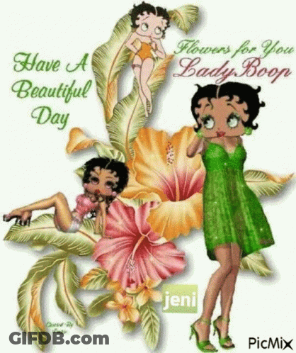 Betty Boop Is Wearing A Green Dress And Standing Next To A Bunch Of Flowers . GIF