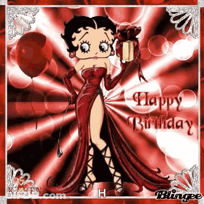 Betty Boop Is Wearing A Red Dress And Holding Balloons And A Gift Box . GIF