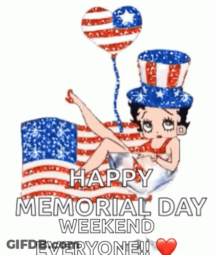 Betty Boop Laying On A Flag With A Balloon And The Words Happy Memorial Day Weekend Everyone GIF