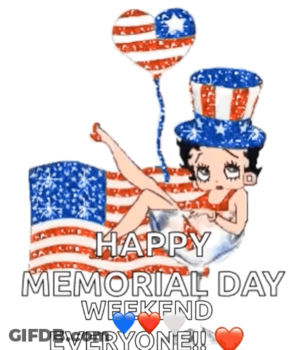 Betty Boop Laying On Flag With Balloon Happy Memorial Day Weekend Everyone GIF