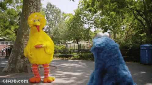 Big Bird And Cookie Monster Standing Next To Each Other GIF