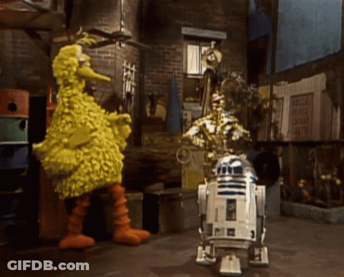 Big Bird And R2D2 Standing Together GIF