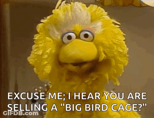 Big Bird From Sesame Street Is Saying Excuse Me I Hear You Are Selling A Big Bird Cage GIF