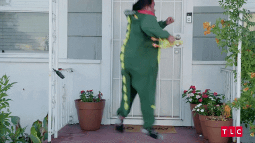 Big Ed Dinosaur Costume Turn Around Jump GIF