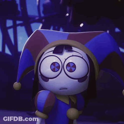 Big Eyed Cartoon Character Blue Red Jester Hat GIF